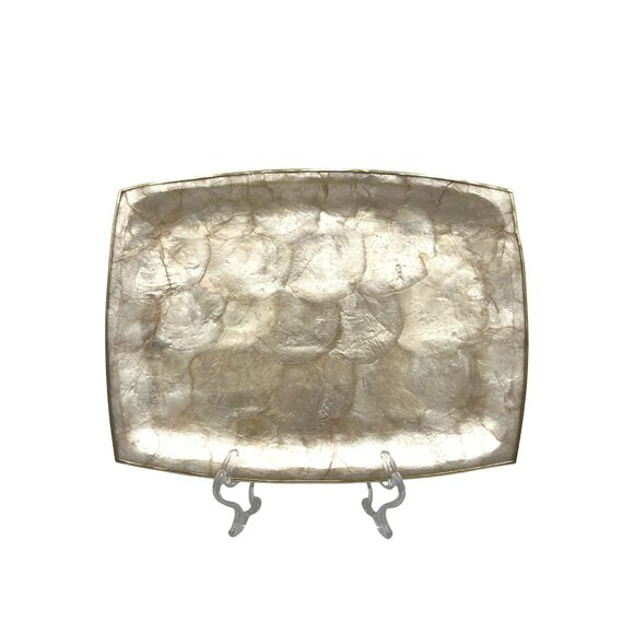 Decorative Rectangular Capiz Shell Plate Platter Trinket Vanity Tray w/gold trim - Picture 1 of 3